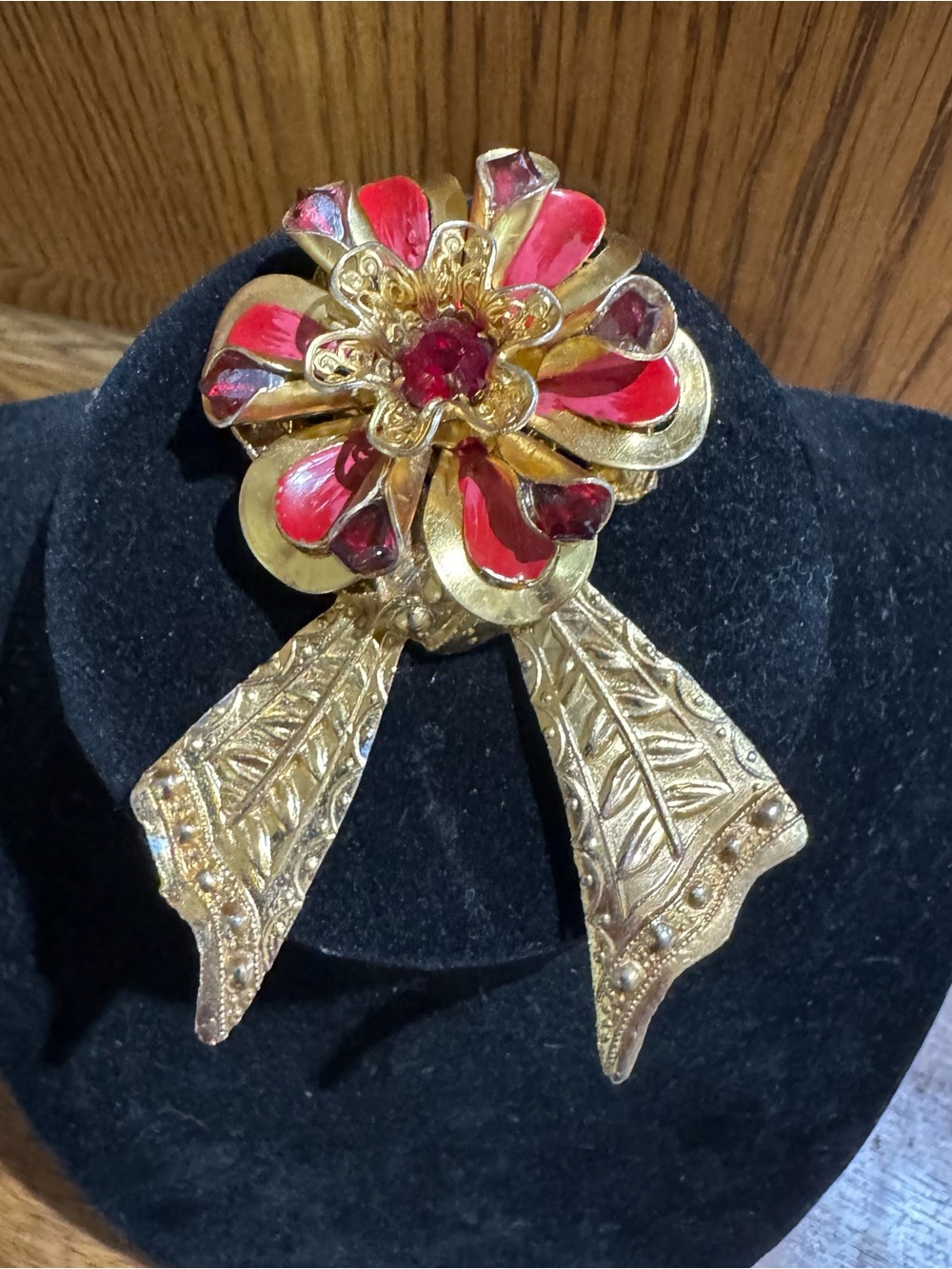 Vintage Red & Gold Flower Brooch with Dangling Bow - Women's Jewelry
